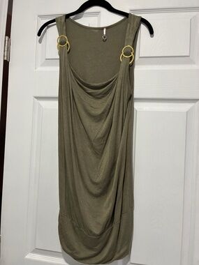 Robin K. Olive Green Drape Tank Dress Long Top with Gold Ring Details at Straps